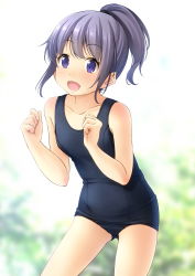 Rule 34 | 1girl, :d, bare arms, bare shoulders, black one-piece swimsuit, blurry, blurry background, blush, breasts, collarbone, commentary request, depth of field, fang, gluteal fold, hands up, high ponytail, highres, looking at viewer, old school swimsuit, one-piece swimsuit, open mouth, original, ponytail, purple eyes, purple hair, school swimsuit, shibacha, small breasts, smile, solo, standing, swimsuit