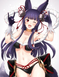 Rule 34 | 1girl, ;d, animal ears, armpits, bell, blunt bangs, blush, breasts, choker, erune, fang, female focus, fox ears, fox shadow puppet, fox tail, fur trim, futami (mg42fw190d), gradient background, granblue fantasy, grey background, hair bell, hair ornament, highres, jingle bell, long hair, looking at viewer, medium breasts, one eye closed, open mouth, purple hair, red eyes, revealing clothes, smile, solo, tail, yellow choker, yuel (granblue fantasy)