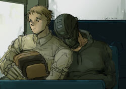 Rule 34 | 2boys, aikawa (dorohedoro), backpack, backwards hat, bag, black hair, blonde hair, bus interior, colored tips, couple, dorohedoro, facial mark, gas mask, hands on another&#039;s shoulder, hat, highres, looking outside, male focus, mask, medium sideburns, multicolored hair, multiple boys, nishida (pixiv 50671594), no eyebrows, risu (dorohedoro), sleeping, sleeping on person, thick eyebrows, unfinished, upper body, yaoi
