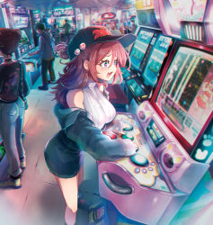 Rule 34 | arcade, badge, bare shoulders, baseball cap, breasts, button badge, english text, fang, from side, hair between eyes, hat, highres, indoors, jacket, kamiya zuzu, large breasts, long hair, looking at screen, miniskirt, open clothes, open jacket, open mouth, original, pencil skirt, purple eyes, red hair, ribbed sweater, shoes, skirt, sleeveless, sleeveless sweater, sleeves past wrists, smile, sneakers, solo focus, sparkling eyes, sweater, turtleneck, turtleneck sweater, white sweater