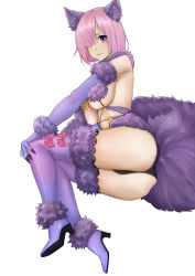 Rule 34 | 1girl, absurdres, animal ears, ankle boots, ass, bare shoulders, bbdaoa (1446759744), blush, boots, breasts, closed mouth, elbow gloves, fate/grand order, fate (series), full body, fur-trimmed boots, fur-trimmed gloves, fur-trimmed legwear, fur collar, fur trim, gloves, hair over one eye, hand on own knee, high heel boots, high heels, highres, kemonomimi mode, large breasts, lying, mash kyrielight, mash kyrielight (dangerous beast), o-ring, official alternate costume, on side, pink hair, purple eyes, purple footwear, purple gloves, purple thighhighs, red lips, revealing clothes, short hair, simple background, smile, solo, tail, thighhighs, underboob, white background, wolf ears, wolf tail