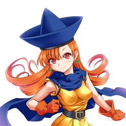 Rule 34 | 1girl, alena (dq4), belt, blue cape, blue hat, breasts, brown gloves, cape, closed mouth, commentary, curly hair, dragon quest, dragon quest iv, dress, earrings, funnyari, gloves, hat, jewelry, light smile, long hair, looking at viewer, medium breasts, orange dress, orange hair, red eyes, simple background, sleeveless, sleeveless dress, solo, standing, upper body, white background
