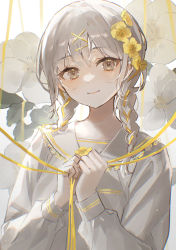 Rule 34 | 1girl, absurdres, blouse, braid, brown eyes, closed mouth, commentary, flower, flower request, hair flower, hair ornament, hairclip, hands up, highres, huge filesize, light particles, limited palette, long hair, long sleeves, looking at viewer, original, own hands together, oyuyu, ribbon, ribbon braid, sailor collar, school uniform, serafuku, shirt, silver hair, smile, solo, symbol-only commentary, twin braids, white background, white flower, white sailor collar, white shirt, x hair ornament, yellow flower, yellow ribbon