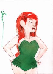 Rule 34 | 1girl, batman (series), dc comics, dustin nguyen, hands on own hips, leotard, plant, poison ivy, red hair, signature, simple background, solo, wearing plant