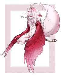 Rule 34 | 1girl, ahoge, bachikin (kingyo155), bird legs, closed eyes, commentary request, feathered wings, feathers, fluffy, gradient wings, harpy, head wings, highres, monster girl, multicolored hair, multicolored wings, nail polish, neck ruff, original, pink background, pink feathers, pink hair, pink wings, red feathers, red nails, red wings, solo, tail, talons, two-tone background, two-tone hair, white background, white hair, winged arms, wings