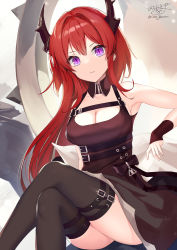 Rule 34 | 1girl, absurdres, arknights, armpits, bare shoulders, black thighhighs, breasts, brown dress, cleavage, closed mouth, collarbone, commentary request, crossed legs, dress, feet out of frame, hair between eyes, hair intakes, highres, horns, light smile, long hair, looking at viewer, medium breasts, ochinsama, purple eyes, red hair, signature, sleeveless, sleeveless dress, solo, surtr (arknights), thighhighs, twitter username, very long hair
