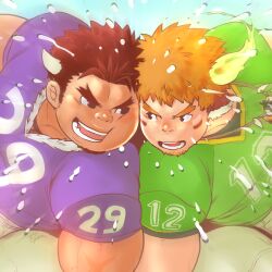 Rule 34 | 2boys, american football, american football uniform, animal ears, bara, black hair, brown hair, character request, cow boy, cow ears, cow horns, eye black, facial hair, feather necklace, fiery horns, forked eyebrows, glowing horns, goatee, highres, horns, jewelry, large pectorals, male focus, multiple boys, muscular, muscular male, necklace, open mouth, pectorals, pyon (pyonkobo), short hair, sideburns stubble, sportswear, stubble, thick eyebrows, tokyo houkago summoners, wakan tanka