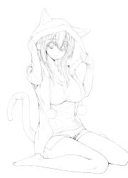 Rule 34 | 1girl, animal hood, bad id, bad pixiv id, bare legs, barefoot, blush, breasts, cat hood, collarbone, female focus, gen (black factory), greyscale, headphones, hood, impossible clothes, impossible shirt, large breasts, lineart, miniskirt, monochrome, nitroplus, shirt, simple background, sitting, skirt, smile, solo, super sonico, tail, wariza, white background