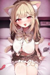 Rule 34 | 1girl, ahoge, animal ear fluff, animal ears, bed sheet, blonde hair, blurry, blurry background, blush, bow, bowtie, breasts, brown skirt, brown sleeves, button gap, cat ears, cat girl, cat tail, cleavage, clothes pull, collared shirt, commentary, condom, depth of field, flower, frilled skirt, frills, hair flower, hair intakes, hair ornament, heart o-ring, highres, hitachi magic wand, indoors, kemomimi refle!, large breasts, looking at viewer, midriff, miniskirt, namagome negi, naughty face, navel, nekoma karin, on bed, open mouth, puffy short sleeves, puffy sleeves, pulling own clothes, red eyes, sex toy, shirt, shirt pull, short sleeves, sitting, skindentation, skirt, stomach, sweat, tail, thighhighs, thighs, tongue, tongue out, twintails, two-tone bowtie, vibrator, virtual youtuber, white bow, white bowtie, white shirt, white thighhighs, wing hair ornament, yellow bow, yellow bowtie