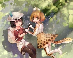 Rule 34 | 10s, 2girls, animal ears, animal print, backpack, bag, black gloves, black hair, black legwear, black shirt, blonde hair, blush, boots, bucket hat, choker, dappled sunlight, day, feathers, gloves, hair between eyes, happy, hat, highres, interlocked fingers, kaban (kemono friends), kemono friends, layered clothes, light particles, light rays, looking at another, looking at viewer, mofashi beibei, multiple girls, open mouth, pantyhose, parted lips, red shirt, ribbon, serval (kemono friends), serval print, serval tail, shadow, shiny clothes, shirt, short hair, shorts, skirt, sleeveless, sleeveless shirt, sparkling eyes, sunbeam, sunlight, tail, teeth, thighhighs, thighs, tree, wall, white footwear, white shirt, worried, yellow skirt