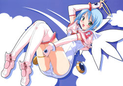 Rule 34 | 1girl, :d, angel, arm up, ass, blue hair, blush, bob cut, boots, bracelet, cameltoe, cloud, crop top, cross, djibril (makai tenshi djibril), dutch angle, elbow gloves, fingerless gloves, flying, gem, gloves, green eyes, halo, jewelry, kuuchuu yousai, latin cross, leg hold, looking at viewer, magical girl, makai tenshi djibril, manabe rika, necktie, official art, one-piece swimsuit, open mouth, outdoors, panties, pink footwear, pink thighhighs, pointing, reclining, sailor collar, school swimsuit, shadow, short hair, sky, smile, solo, swimsuit, swimsuit costume, swimsuit under clothes, thigh boots, thigh strap, thighhighs, thighs, underwear, white one-piece swimsuit, white school swimsuit, wings