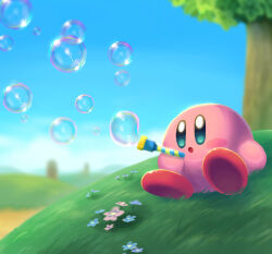 Rule 34 | :o, aruco co, blue eyes, blue flower, blue sky, blurry, blurry background, blush, blush stickers, bubble, blowing bubbles, bubble pipe, cloud, commentary request, day, flower, grass, hill, holding, kirby, kirby (series), nintendo, no humans, on grass, open mouth, outdoors, pink flower, sitting, sky, solo, tree