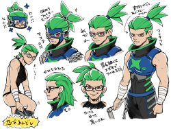 Rule 34 | 1boy, @ @, arms (game), bad id, bad twitter id, chain, character sheet, dressing, glasses, goggles, hair down, halterneck, humanization, male focus, mask, ninjara (arms), nintendo, nkraae, orange eyes, ponytail, scythe, short hair, shuriken, simple background, smile, toned, toned male, weapon, white background
