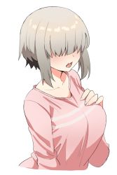 Rule 34 | 1girl, breasts, collarbone, commentary, cropped torso, english commentary, grey hair, hair over eyes, hand on own chest, jorin, large breasts, light blush, long bangs, long sleeves, no eyes, open mouth, pink shirt, shirt, short hair, short hair with long locks, sidelocks, simple background, solo, upper body, uzaki-chan wa asobitai!, uzaki yanagi, white background