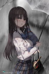 Rule 34 | 1girl, absurdres, animal, bag, blue bow, blue bowtie, blue skirt, blush, bottle, bow, bowtie, breasts, brown eyes, brown hair, cat, collared shirt, commentary request, hair between eyes, highres, holding, holding umbrella, kyjsogom, long hair, long sleeves, looking at viewer, medium breasts, original, outdoors, parted lips, plaid, plaid skirt, pleated skirt, rain, shirt, signature, skirt, solo, transparent, transparent umbrella, umbrella, very long hair, water, watermark, web address, wet, wet clothes, wet shirt, white shirt, white umbrella