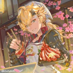 Rule 34 | 1boy, apron, artist name, bishounen, blonde hair, cherry blossoms, chopsticks, cwilocky, fake horns, food, genshin impact, green eyes, horned headwear, horns, japanese clothes, looking at viewer, male focus, outdoors, plate, ponytail, short hair, smile, solo, taroumaru (genshin impact), thoma (genshin impact), upper body