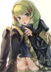 Rule 34 | 1girl, aftersex, black dress, black footwear, blue pantyhose, blurry, blush, boots, breath, censored, clothes pull, cum, cum in pussy, cumdrip, depth of field, dress, drill hair, echigoya takeru, female focus, fire emblem, fire emblem: three houses, flayn (fire emblem), frilled dress, frilled sleeves, frills, grass, green eyes, green hair, hair ornament, hairclip, hand up, highres, juliet sleeves, knee boots, knees up, legs together, long hair, long sleeves, looking at viewer, mosaic censoring, nintendo, no panties, nose blush, on ground, open mouth, pantyhose, pantyhose pull, puffy sleeves, pulling own clothes, pussy, pussy juice, simple background, sitting, sketch, solo, steam, steaming body, sweat, twin drills, white background