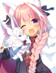 Rule 34 | 1boy, ;d, animal ears, astolfo (fate), black ribbon, blue eyes, blush, braid, cape, cat ears, fang, fate/apocrypha, fate/grand order, fate (series), fou (fate), gloves, hair over shoulder, hair ribbon, kemonomimi mode, long hair, looking at viewer, male focus, one eye closed, open mouth, pink hair, purple eyes, ribbon, sazaki ichiri, simple background, single braid, skin fang, smile, trap, upper body, white background, white cape, white gloves