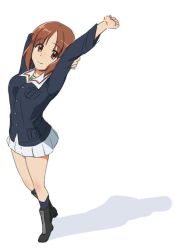 Rule 34 | 10s, arm behind head, arms up, black legwear, blue jacket, boots, brown eyes, brown hair, colorized, commentary request, eyebrows, full body, girls und panzer, hand on own elbow, ikeshita moyuko, jacket, looking at viewer, miniskirt, nishizumi miho, school uniform, shadow, short hair, sketch, skirt, solo, stretching, white skirt
