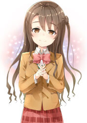 Rule 34 | 1girl, blurry, blurry background, blush, bow, breasts, brown eyes, brown hair, brown jacket, closed mouth, collared shirt, commentary request, cowboy shot, dot nose, heart, idolmaster, idolmaster cinderella girls, interlocked fingers, jacket, kuresuku (lessons), lapels, long hair, long sleeves, looking at viewer, medium breasts, multicolored background, notched lapels, one side up, own hands together, parted bangs, plaid, plaid skirt, pleated skirt, raised eyebrows, red bow, red skirt, shimamura uzuki, shirt, skirt, smile, solo, thick eyelashes, white shirt