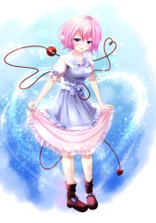 Rule 34 | 1girl, alternate costume, arms at sides, blue bow, blue dress, blush, boots, bow, brooch, brown footwear, clothes lift, curtsey, dress, dress lift, eyeball, frilled dress, frills, full body, heart, heart of string, highres, jewelry, komeiji satori, lifted by self, light smile, looking at viewer, no headwear, parted lips, pink hair, puffy short sleeves, puffy sleeves, purple eyes, sash, short hair, short sleeves, solo, sparkle, third eye, touhou, yuuforia