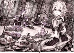 Rule 34 | 5girls, candelabra, candlestand, chandelier, checkered floor, clock, cookie, cup, cupcake, doughnut, egg, embodiment of scarlet devil, female focus, floor, flower, food, fork, highres, hong meiling, izayoi sakuya, jam, jar, knife, koakuma, maid, monochrome, mouth hold, multiple girls, nobita (makoto7060355), one eye closed, pancake, pastry, patchouli knowledge, pie, reading, remilia scarlet, rose, sausage, spot color, sugar bowl, table, tablecloth, tea set, teapot, tiered serving stand, tiered tray, touhou, tray, wink
