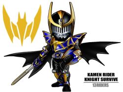 Rule 34 | 1boy, armor, belt, character name, kamen rider, kamen rider knight, kamen rider knight survive, kamen rider ryuki (series), male focus, maru (maru1105), mask, shield, solo, sword, weapon