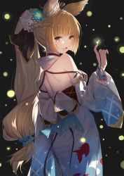 Rule 34 | 1girl, alternate costume, alternate hairstyle, animal ears, bare shoulders, black background, blonde hair, blue kimono, blunt bangs, braid, cowboy shot, erune, fireflies, flower, from behind, gin00, granblue fantasy, hair flower, hair ornament, highres, japanese clothes, kimono, lips, long hair, looking at viewer, low ponytail, open mouth, ponytail, sleeves past wrists, solo, very long hair, wide sleeves, yuisis (granblue fantasy), yukata