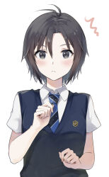 Rule 34 | 1girl, ^^^, antenna hair, black eyes, black hair, blue necktie, blue sweater vest, blush, closed mouth, commentary, curled fingers, diagonal-striped clothes, diagonal-striped necktie, dress shirt, emblem, hair between eyes, hand on own chest, hand up, idolmaster, idolmaster (classic), kikuchi makoto, light blush, light frown, long bangs, looking at viewer, mogskg, necktie, school uniform, shirt, short hair, short sleeves, simple background, solo, straight-on, striped clothes, summer uniform, summer uniform series (idolmaster), sweater vest, symbol-only commentary, upper body, white background, white shirt