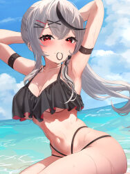 Rule 34 | 1girl, 339 akano, arm belt, arms up, bare legs, beach, belt, bikini, black belt, black bikini, blush, breasts, cleavage, closed mouth, cloud, collarbone, commentary request, ear piercing, hair between eyes, hair ornament, hairclip, highres, hololive, large breasts, looking at viewer, multicolored hair, navel, ocean, piercing, ponytail, red eyes, sakamata chloe, sidelocks, sky, smile, solo, streaked hair, swimsuit, thighs, underboob, virtual youtuber, water