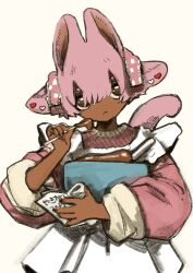 Rule 34 | 1boy, absurdres, animal ears, apron, bowl, brown eyes, chocolate, closed mouth, commentary request, dark-skinned male, dark skin, extra ears, hands up, highres, holding, holding bowl, holding spoon, long sleeves, looking at viewer, male focus, original, pink hair, pink sweater, shima (wansyon144), short hair, simple background, solo, spoon, sweater, tail, trap, upper body, white apron, yellow background