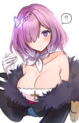 Rule 34 | 1girl, ?, armpit crease, azur lane, bare shoulders, black coat, blush, braid, breasts, bug, butterfly, chan&#039;nu, cleavage, coat, collarbone, commentary, cropped torso, cross, fur-trimmed coat, fur trim, gloves, hair over one eye, hand up, highres, insect, large breasts, long sleeves, looking at viewer, neck ribbon, off shoulder, parted lips, penelope (azur lane), purple eyes, purple hair, ribbon, short hair, simple background, solo, spoken question mark, white background, white gloves, white ribbon