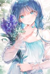Rule 34 | 1girl, aqua eyes, baby&#039;s-breath, bare shoulders, blue hair, bouquet, braid, breasts, closed mouth, detached sleeves, dsmile, earrings, flower, hair strand, head tilt, holding, holding flower, jewelry, light smile, long hair, looking at viewer, md5 mismatch, original, purple flower, resolution mismatch, see-through, see-through sleeves, solo, source smaller, strap gap, twin braids, twintails, upper body, white flower