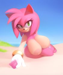 Rule 34 | 1girl, absurdres, amy rose, breasts, condom, gloves, green eyes, hairband, highres, huge breasts, jewelry, large areolae, mystical (plantpenetrator), nipples, nude, pink hair, ring, sega, shiny skin, solo, sonic (series), tail