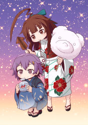 Rule 34 | 10s, 2girls, ahoge, bag, bagged fish, bear-shaped pupils, bow, brown eyes, brown hair, commentary request, cotton candy, fish, floral print, goldfish, gradient background, hair bow, happi, heart, heart-shaped pupils, highres, ikayaki, japanese clothes, kantai collection, kimono, kuma (kancolle), long hair, mouth hold, multiple girls, obi, pink eyes, purple hair, sash, short hair, smile, squatting, squid, star (symbol), starry background, symbol-shaped pupils, tama (kancolle), teitei, yukata