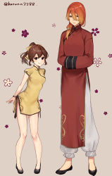 Rule 34 | 1boy, 1girl, brother and sister, brown eyes, brown hair, china dress, chinese clothes, closed mouth, delthea (fire emblem), dress, fang, fang out, fire emblem, fire emblem echoes: shadows of valentia, full body, hair ribbon, haru (nakajou-28), highres, long hair, long sleeves, looking at viewer, luthier (fire emblem), nintendo, orange hair, ponytail, ribbon, short sleeves, siblings