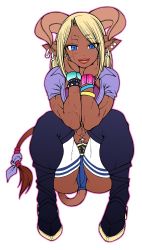 Rule 34 | 1girl, abs, blonde hair, blue eyes, boots, chiba toshirou, dark skin, dark-skinned female, earrings, female focus, horns, jewelry, looking at viewer, minotaur, monster girl, muscular, navel, navel piercing, piercing, scar, short shorts, shorts, solo, squatting, tail, thigh boots, thighhighs, thighhighs under boots