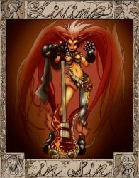 Rule 34 | boots, fangs, gloves, guitar, guitar girl, instrument, living in sin, long hair, midriff, mockingbird(guitar), personification, red hair, scrotumnose, seth (living in sin), seven deadly sins, shaun healey, solo, twintails, very long hair, wrath (living in sin)