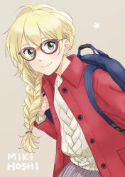 Rule 34 | 1girl, alternate costume, alternate hairstyle, aran sweater, backpack, bag, bespectacled, braid, cable knit, character name, coat, demirinz, glasses, hair over shoulder, hoshii miki, idolmaster, idolmaster (classic), leaning forward, looking at viewer, purple-framed eyewear, red coat, single braid, skirt, smile, solo, striped clothes, striped skirt, sweater, white sweater