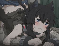 Rule 34 | 1boy, 1girl, all fours, animal ears, ass, bandaged arm, bandaged leg, bandages, bed sheet, black hair, blue eyes, blush, cat ears, cat girl, cat tail, clenched teeth, clothed sex, collar, cuffs, doggystyle, fran (tensei shitara ken deshita), frown, hand on another&#039;s hip, jaggy lines, metal collar, no nose, no panties, parted lips, rape, scowl, sex, sex from behind, short hair with long locks, slave clothes, slit pupils, sweat, tail, teeth, tensei shitara ken deshita, tomu (tomubobu)