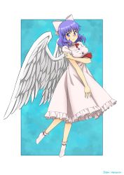 Rule 34 | 1girl, angel wings, blue eyes, blue hair, blush, bow, breasts, buttons, closed mouth, dress, feathered wings, frilled dress, frills, full body, hair bow, haramin3, highres, mai (touhou), medium breasts, medium hair, pink bow, pink dress, puffy short sleeves, puffy sleeves, red neckwear, short sleeves, smile, socks, touhou, touhou (pc-98), white wings, wings
