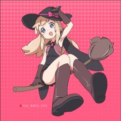 Rule 34 | 1girl, armpits, bad id, bad pixiv id, black hat, blonde hair, blue eyes, blush, breasts, broom, broom riding, brown gloves, gloves, hat, highres, lonesome street, long hair, looking at viewer, open mouth, polka dot, polka dot background, simple background, small breasts, smile, solo, toshinou kyouko, witch, witch hat, yuru yuri