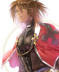 Rule 34 | 1boy, black shirt, braid, brown hair, capelet, chain, commentary request, cross, hair between eyes, inquisitor (ragnarok online), looking at viewer, male focus, medium hair, misuguu, neck tattoo, parted lips, pectorals, ragnarok online, red capelet, shirt, side braid, simple background, single braid, solo, tattoo, taut clothes, taut shirt, upper body, white background, yellow eyes