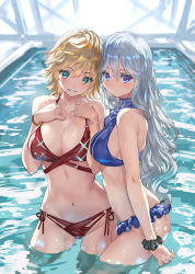 Rule 34 | 2girls, :d, aqua eyes, between breasts, bikini, blonde hair, blue bikini, blue eyes, blush, breasts, cleavage, closed mouth, collarbone, commentary request, cowboy shot, frilled bikini, frills, grin, halterneck, hands on own chest, highres, large breasts, looking at viewer, looking to the side, multiple girls, navel, open mouth, original, pool, ran&#039;ou (tamago no kimi), red bikini, red ribbon, ribbon, scrunchie, short hair, side-tie bikini bottom, sideboob, silver hair, smile, sparkle, standing, stomach, swimsuit, teeth, water, wrist scrunchie, wristband