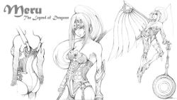 Rule 34 | 1girl, armor, artist request, ass, bare shoulders, boots, breasts, character name, copyright name, dragoon, gauntlets, greyscale, hammer, knee pads, long hair, meru (dragoon), monochrome, ponytail, smile, solo, source request, standing, the legend of dragoon, white background, wingly, wings