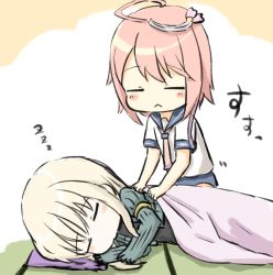 Rule 34 | 2girls, ahoge, bad id, bad pixiv id, blanket, blush, blush stickers, chibi, covering with blanket, engiyoshi, closed eyes, hair ornament, i-58 (kancolle), kantai collection, long hair, lying, multiple girls, neckerchief, on side, pillow, pink hair, school swimsuit, school uniform, serafuku, short hair, simple background, sleeping, swimsuit, swimsuit under clothes, u-511 (kancolle), white background, zzz