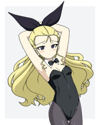 Rule 34 | 1girl, alternate costume, animal ears, arm behind back, arms behind head, arms up, assam (girls und panzer), black bow, black bowtie, black leotard, black ribbon, blonde hair, blue eyes, blush, border, bow, bowtie, breasts, closed mouth, collar, commentary, covered navel, cowboy shot, detached collar, fake animal ears, girls und panzer, grey background, hair pulled back, hair ribbon, half-closed eyes, highres, ichinose jun, leotard, light frown, long hair, looking at viewer, outside border, pantyhose, playboy bunny, rabbit ears, ribbon, simple background, small breasts, solo, standing, strapless, strapless leotard, thigh gap, white border, white collar