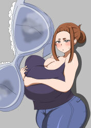 Rule 34 | 1girl, absurdres, artist request, blush, bra, breasts, breasts squeezed together, brown eyes, brown hair, cleavage, curvy, female focus, highres, huge breasts, kaii to otome to kamigakushi, looking at viewer, matching hair/eyes, milk stain, mole, mole under eye, ogawa sumireko, short eyebrows, short hair, solo, sweatdrop, thick thighs, thighs, underwear, wet bra, wide hips