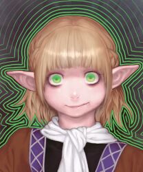 Rule 34 | 1girl, aura, black shirt, blonde hair, blunt bangs, braid, brown shirt, closed mouth, commentary request, envenomist (gengoroumaru), french braid, green eyes, green outline, grey background, highres, looking at viewer, mizuhashi parsee, outline, pointy ears, portrait, scarf, shirt, short hair, smile, solo, touhou, undershirt, white scarf