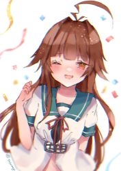 Rule 34 | 1girl, ahoge, brown eyes, brown hair, confetti, fang, green sailor collar, highres, huge ahoge, kantai collection, kuma (kancolle), long hair, neck ribbon, one-hour drawing challenge, one eye closed, red ribbon, ribbon, sailor collar, sailor shirt, school uniform, serafuku, shirt, short sleeves, simple background, solo, takemochi, upper body, white background, white shirt